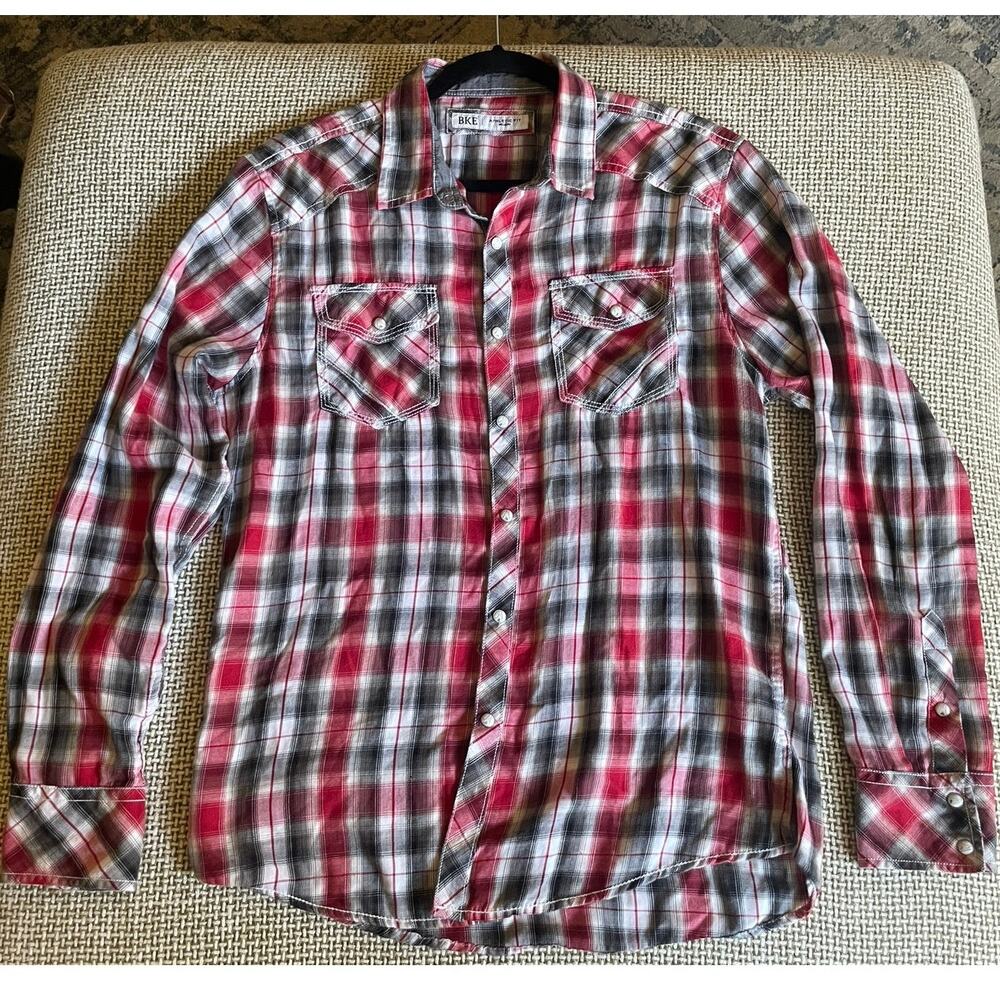 BKE Red Plaid Western Shirt | Pearl Snap | Men’s Medium | Casual Button Front